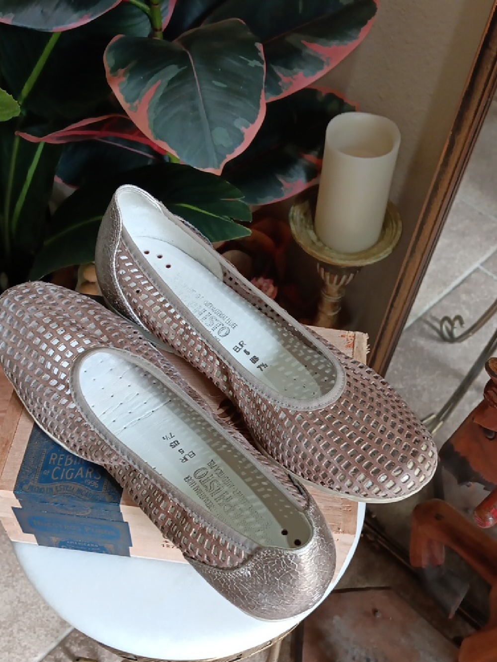 Mephisto Evelyne Perforated Leather Ballerina Flats — Metallic Bronze/Taupe